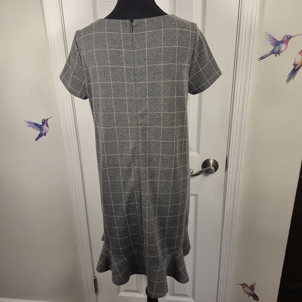LOFT Petites Gray Plaid Windowpane Shift Dress 6P – Ruffle Hem Workwear Sheath - Picture 6 of 9